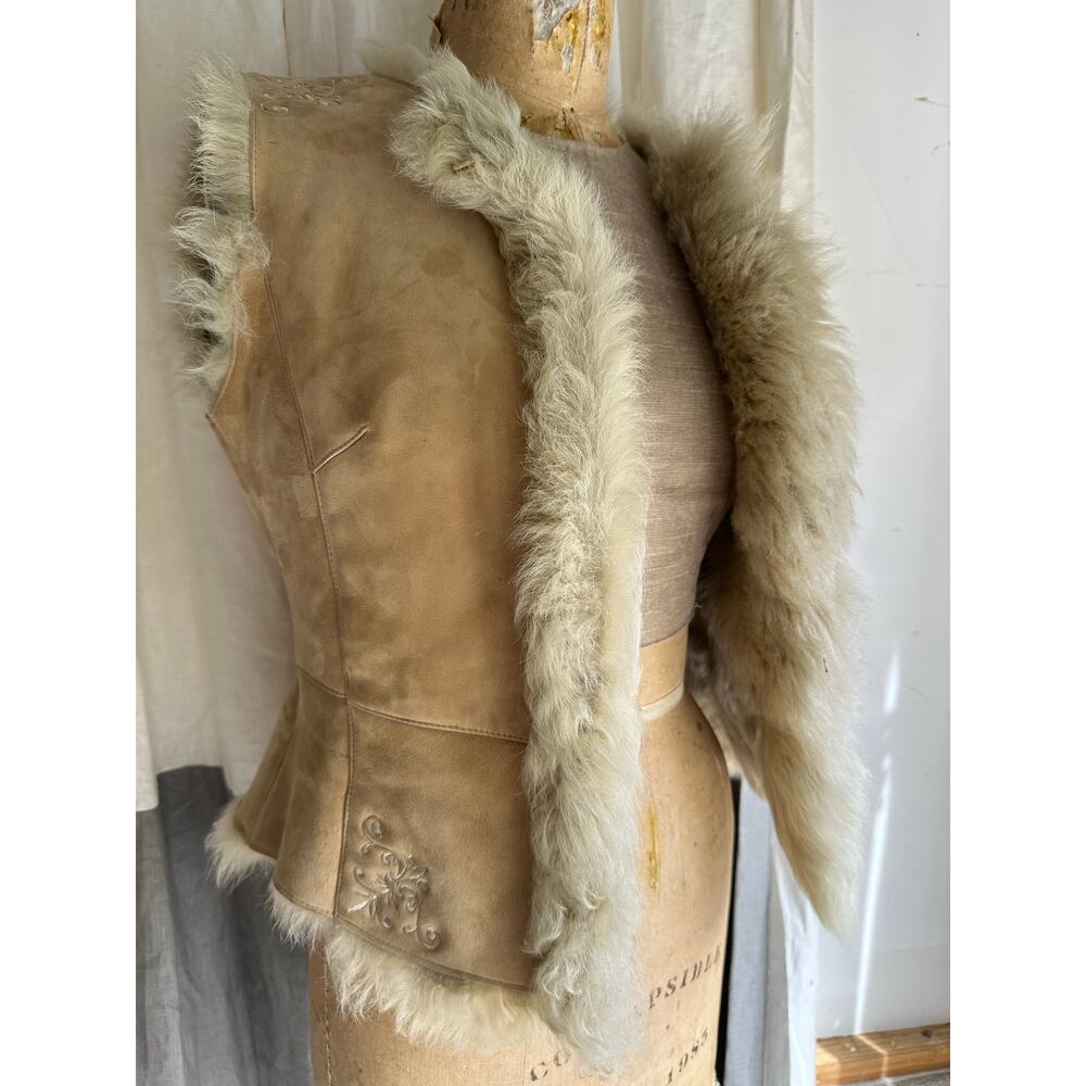 Shearling Vest suede lamb sheepskin fur beige cream reversible boho XS VACCO